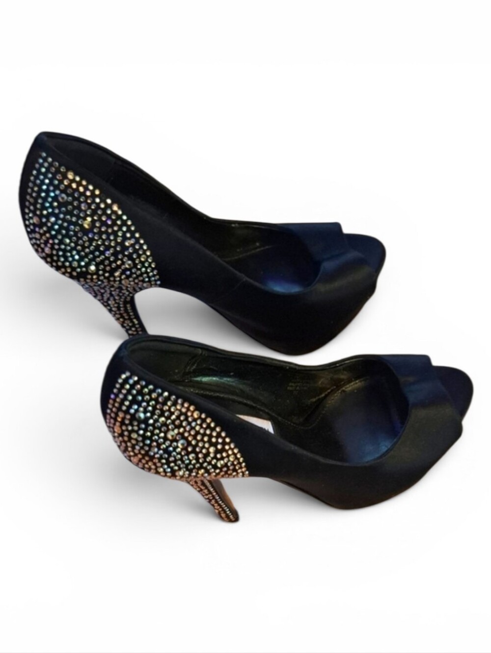 👠Steve Madden Black Satin Peeptoe Stiletto Pumps Heels Rhinestones Back Sparkly